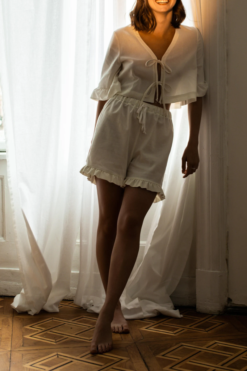 Front tying - Top and Shorts. Linen Sleepwear Set