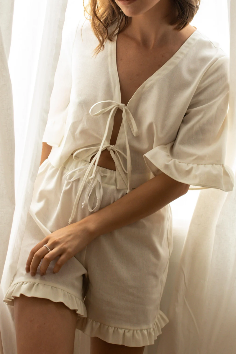 Front tying - Top and Shorts. Linen Sleepwear Set
