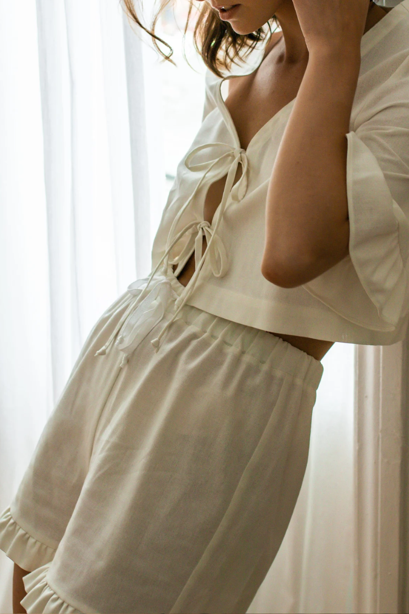 Front tying - Top and Shorts. Linen Sleepwear Set
