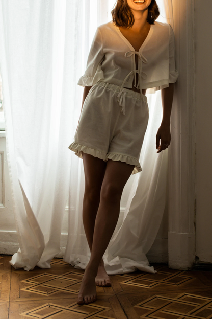 Front tying  - Top and Shorts. Linen Sleepwear Set