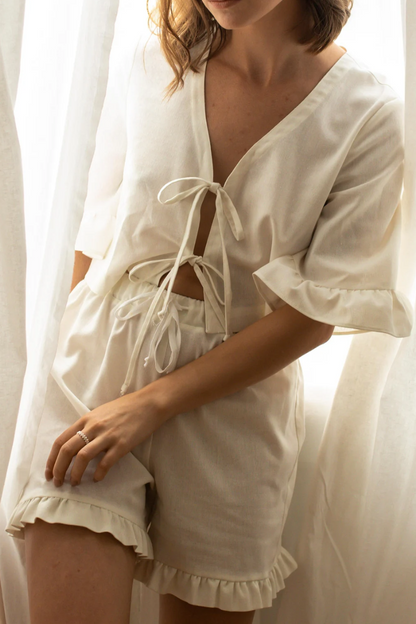 Front tying  - Top and Shorts. Linen Sleepwear Set