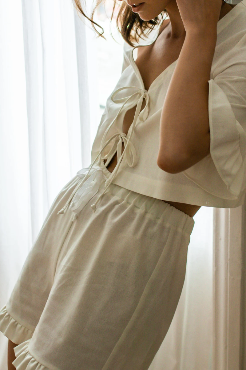 Front tying  - Top and Shorts. Linen Sleepwear Set