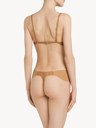 " Nude Lycra thong with Chantilly lace"