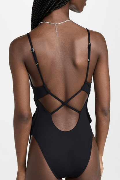 Niya Deep V Neck One Piece Swimsuit, Open Back, High Leg Design for a Flattering Fit