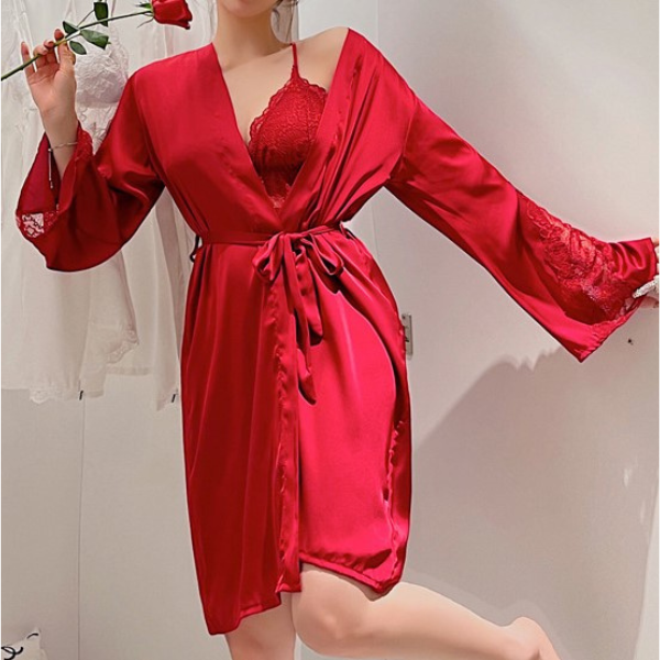 Silk Satin Red Babydoll With Coverup