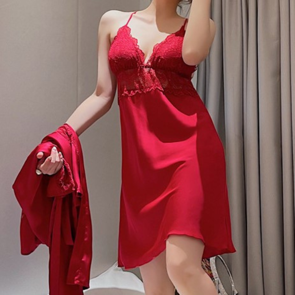 Silk Satin Red Babydoll With Coverup