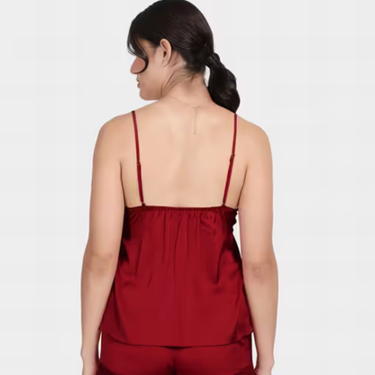 Savvy Red Front Lace Solid Satin Shorts Set