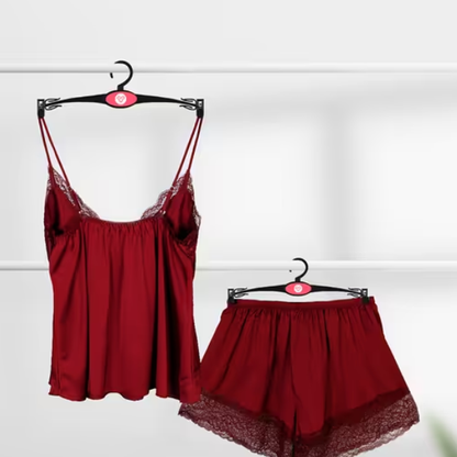 Savvy Red Front Lace Solid Satin Shorts Set
