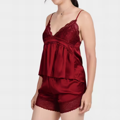 Savvy Red Front Lace Solid Satin Shorts Set