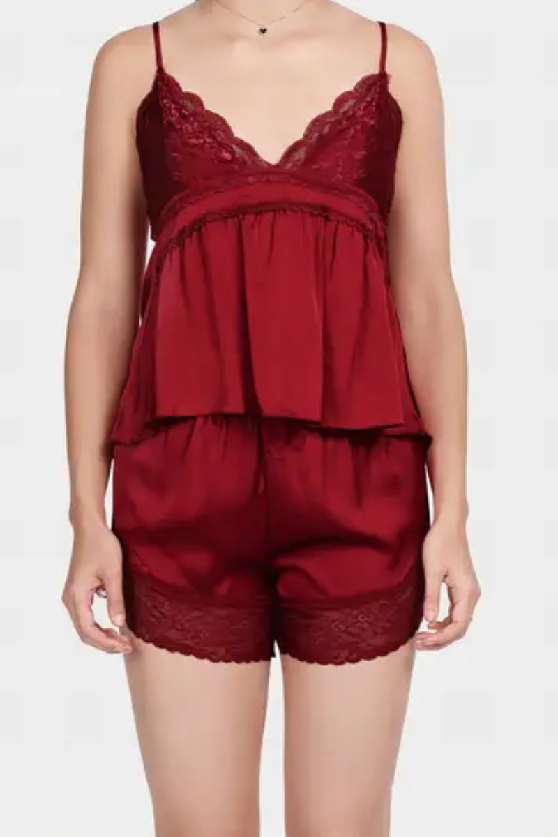 Savvy Red Front Lace Solid Satin Shorts Set