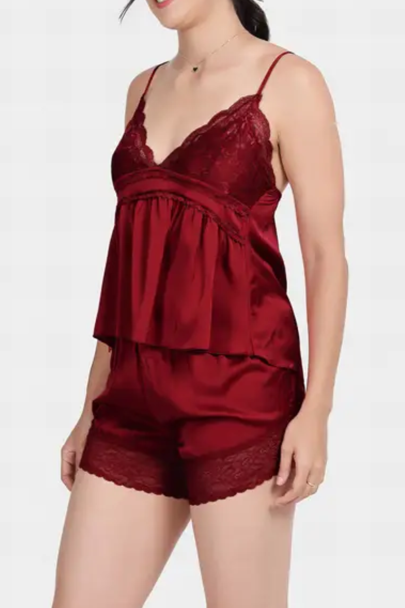 Savvy Red Front Lace Solid Satin Shorts Set