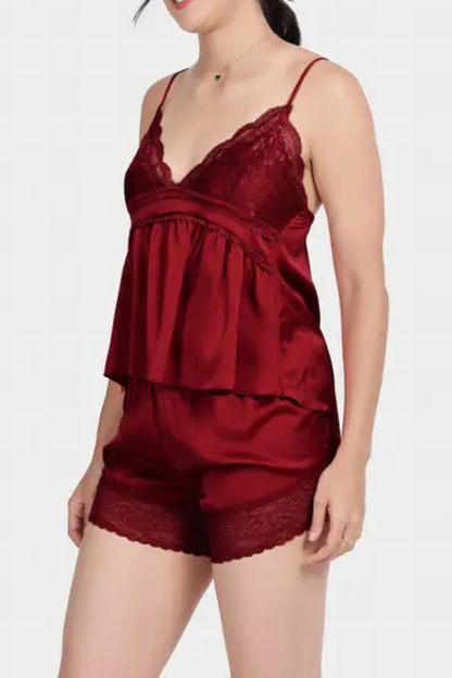 Savvy Red Front Lace Solid Satin Shorts Set