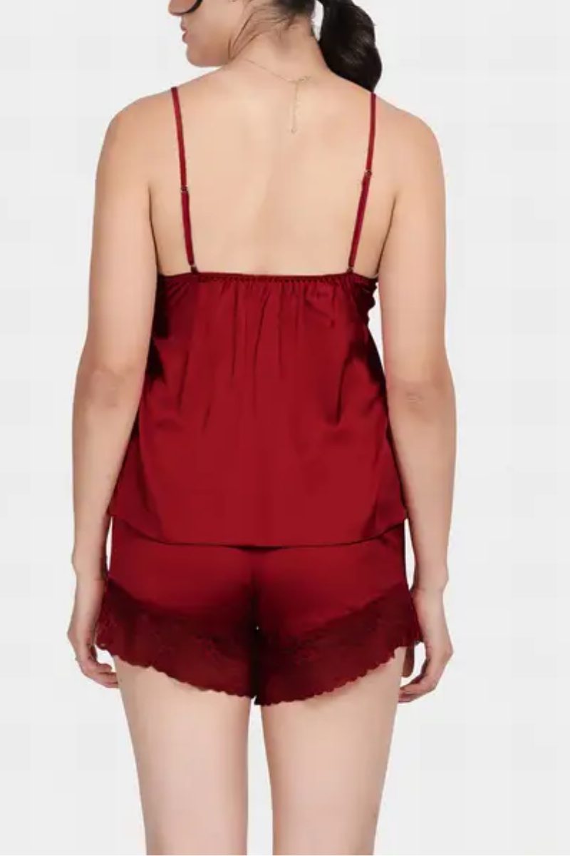 Savvy Red Front Lace Solid Satin Shorts Set