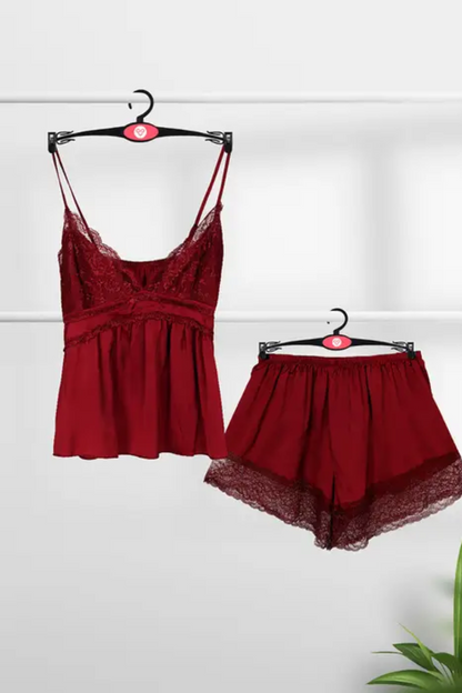 Savvy Red Front Lace Solid Satin Shorts Set