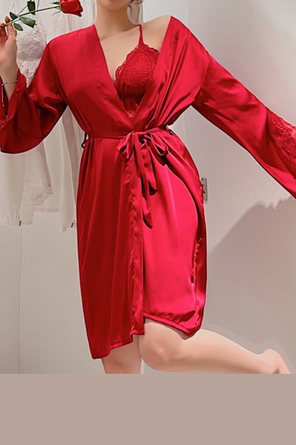 Silk Satin Red Babydoll With Coverup